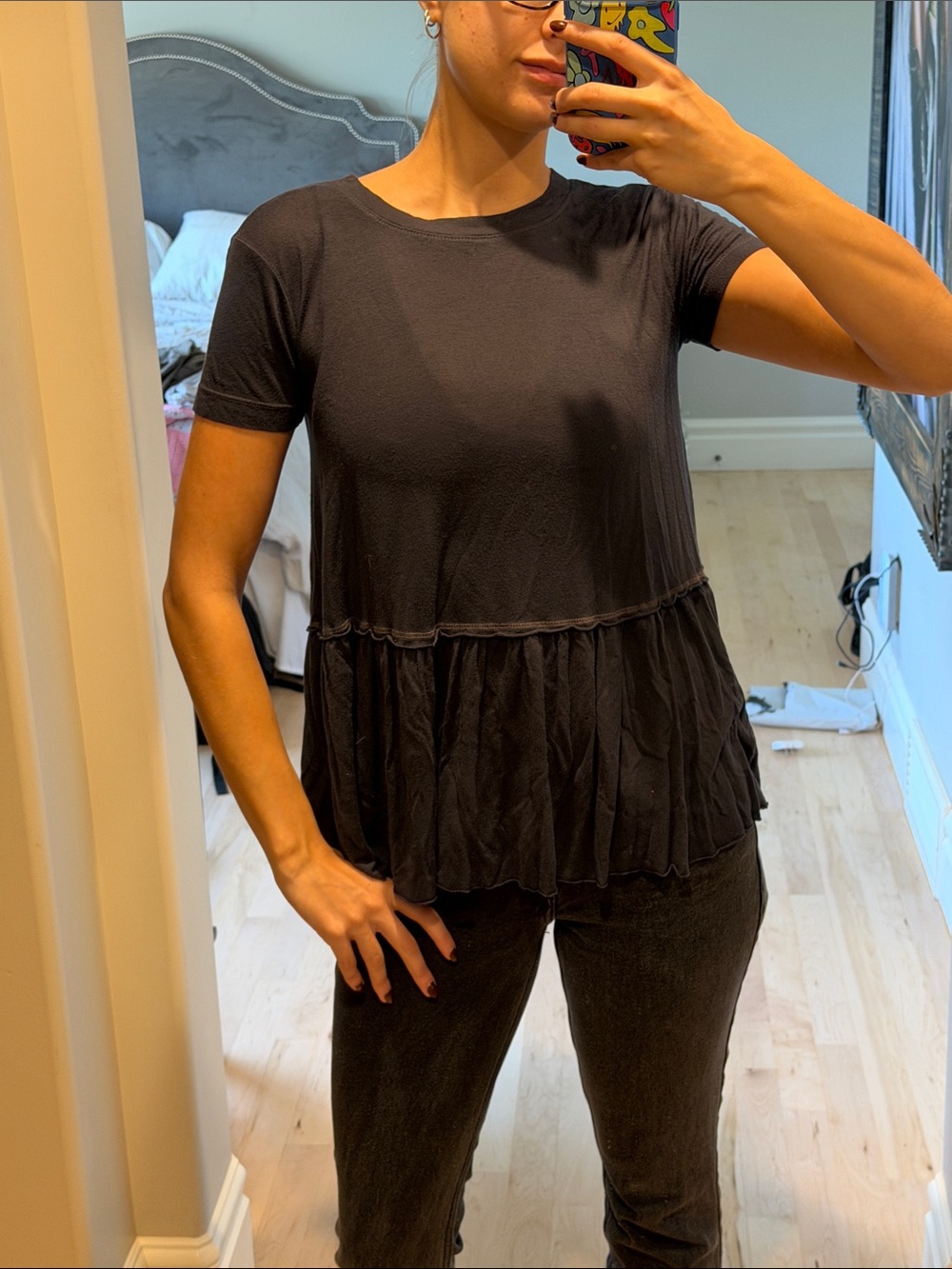 Women's dark grey blue Short-Sleeve flowy Top